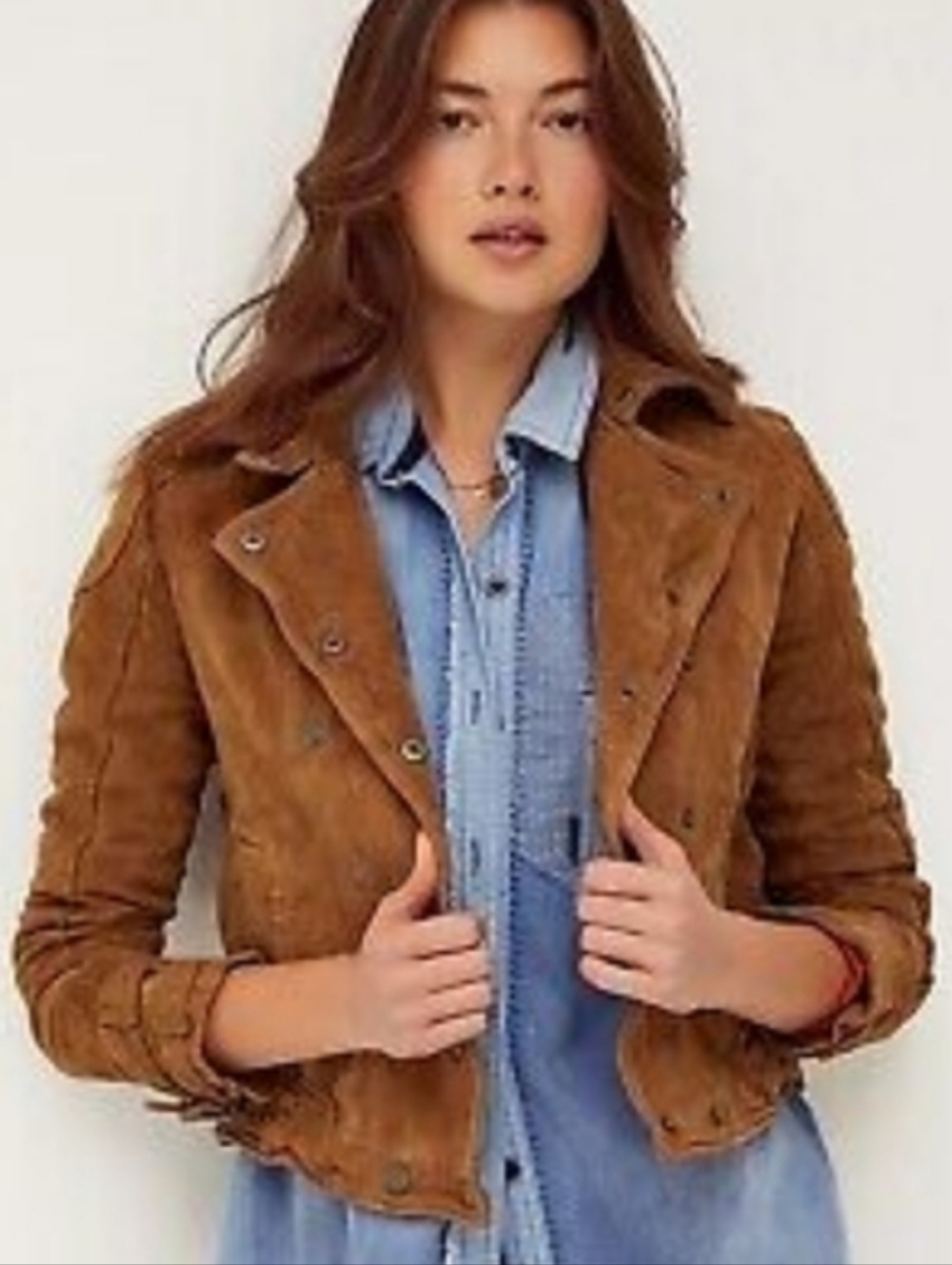 Free People Suede Moto Jacket in Cognac Brown